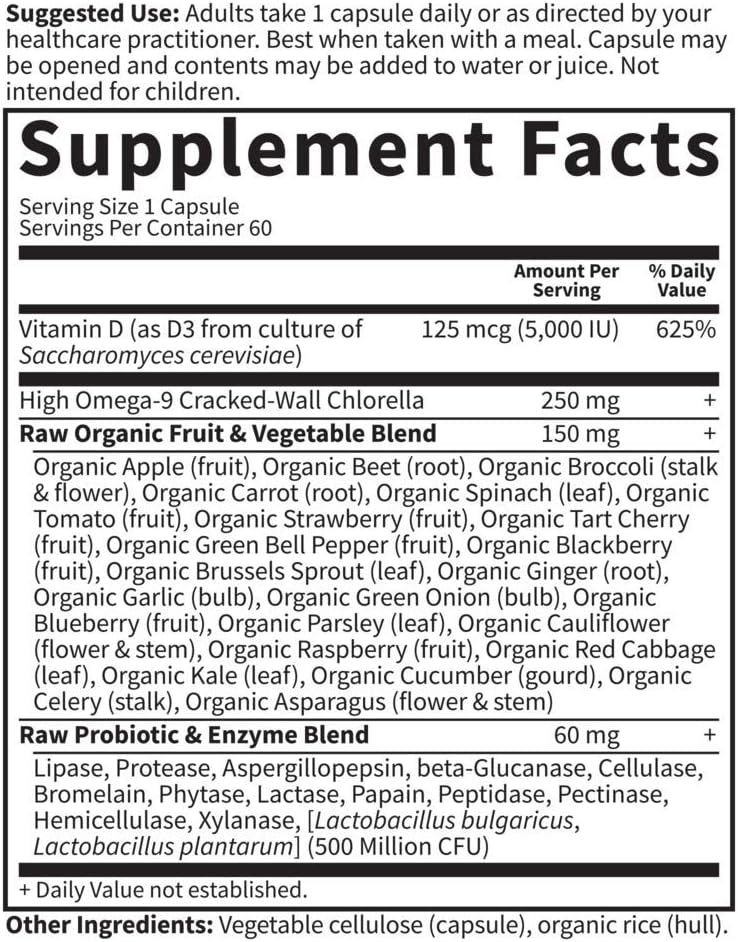 Garden of Life Vitamin D3 5000 IU, Raw Whole Food Supplements with Chlorella, Fruit, Veggies & Probiotics for Bone & Immune Health, 60 Vegetarian Capsules