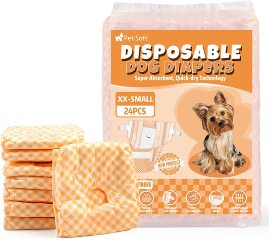Pet Soft Female Dog Diapers - Disposable Puppy Diapers for Dogs & Cats, Ultra Absorbent Doggy in Heat Period or Urine Incontinence, 24pcs (XXS, Orange)