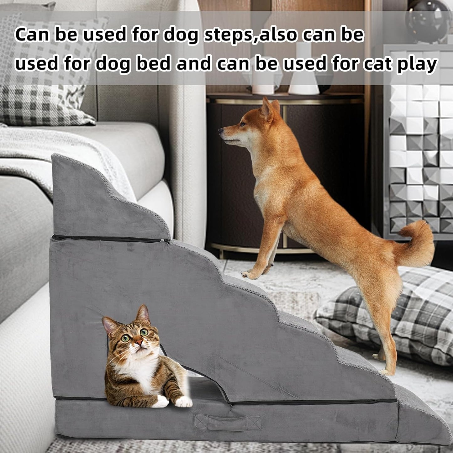 7-Step Extra Tall Dog Steps, Pet Stairs Ramp for 30 to 36 Inch Tall Bed Couch, Anti-Slip Bottom & Soft Foam Pet Ladder for Small Dogs and Cats, Grey