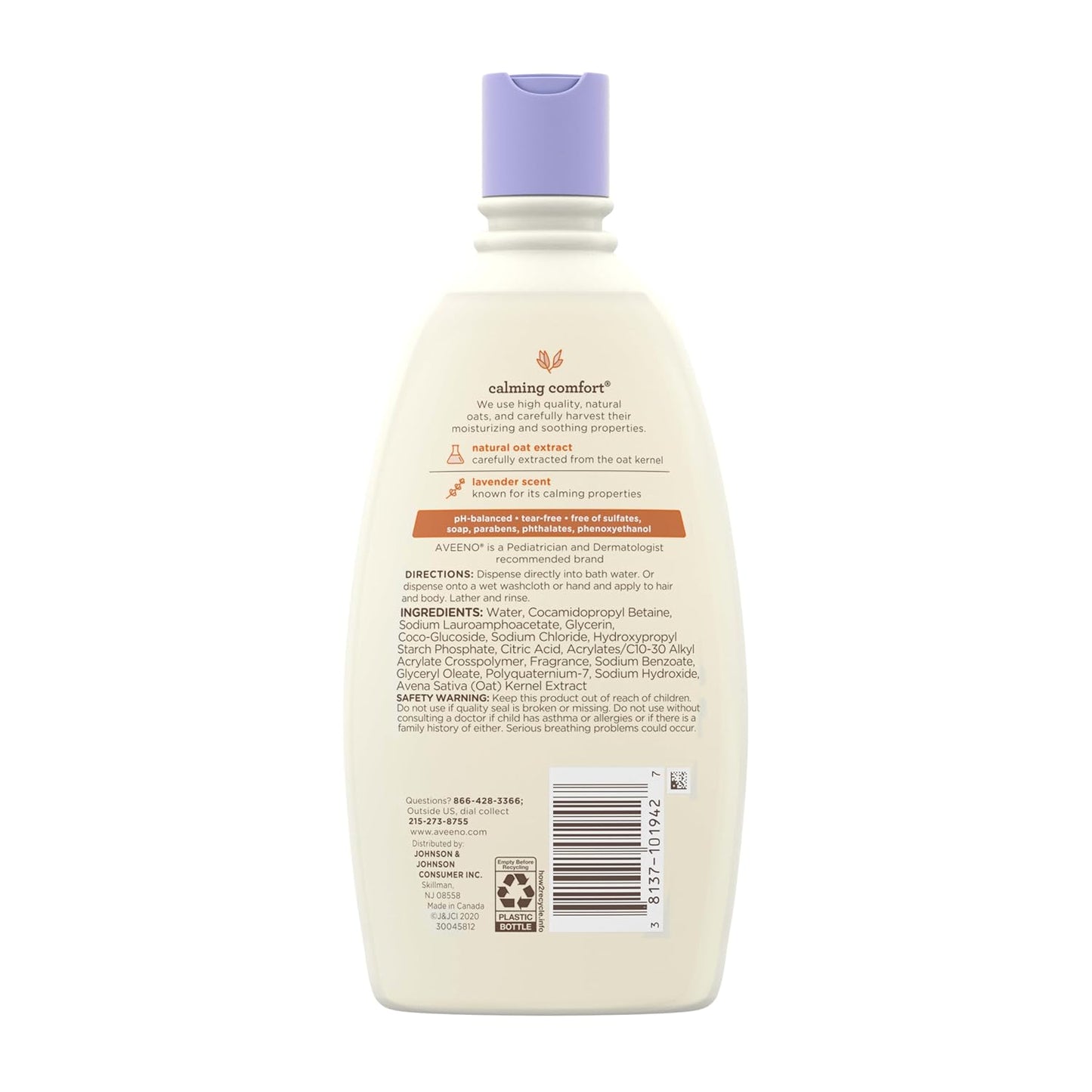 Aveeno Baby Nighttime Calming Comfort Bath, Body & Hair Wash with Relaxing Lavender & Vanilla Scents & Natural Oat Extract, Tear-Free Formula, Paraben-, Phthalate- & Soap-Free, 18 Fl. Oz