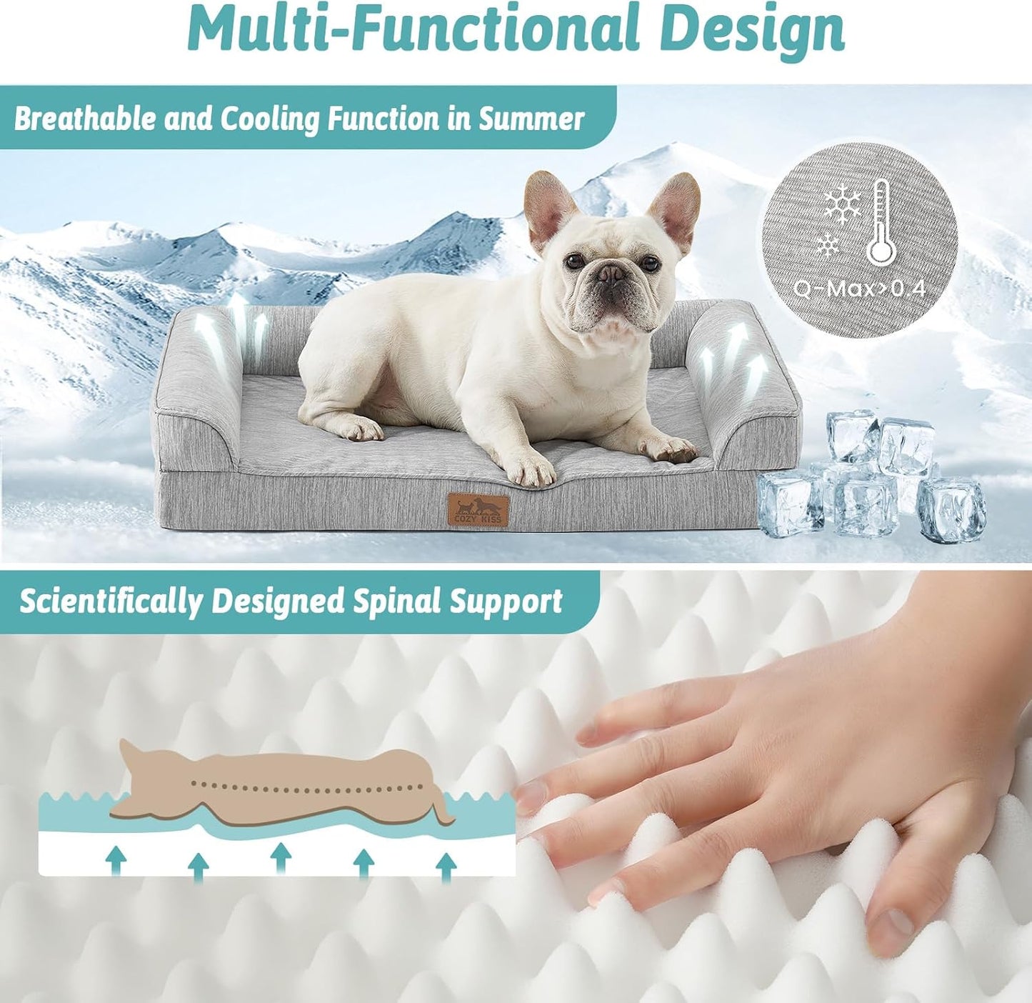 Cooling Dog Bed, Orthopedic Foam Dog Bed with Sides, Removable Washable Cover & Waterproof Lining and Nonskid Bottom, Comfortable Pet Beds for Large Dogs, Grey (42" L x 30" W x 7" Th)