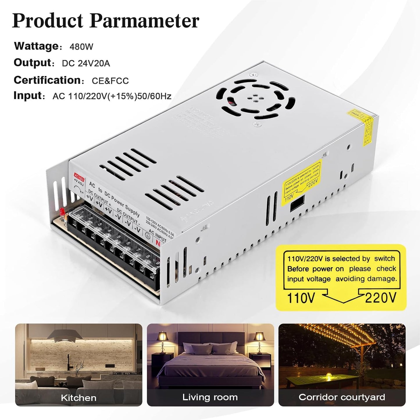 24V 20A Power Supply Adapter, AC 110V/220V to DC 24V 20A 480W Converter Switching Power Adapter Universal Regulated Transformer Driver for LED Strip Light, LED Display, CCTV, Computer Project