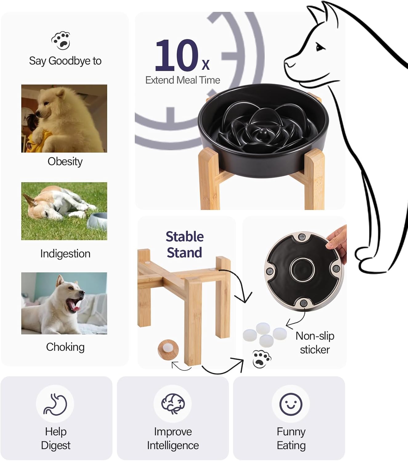 Grey Ceramic Slow Feeder Dog Bowl for Small and Medium Breed,Elevated/Raised 6.1 in Slow Feeding Bowl,Puzzle Dog Cat Food Bowl for Fast Eater, Puzzle Bowl for Small Dogs and Cats