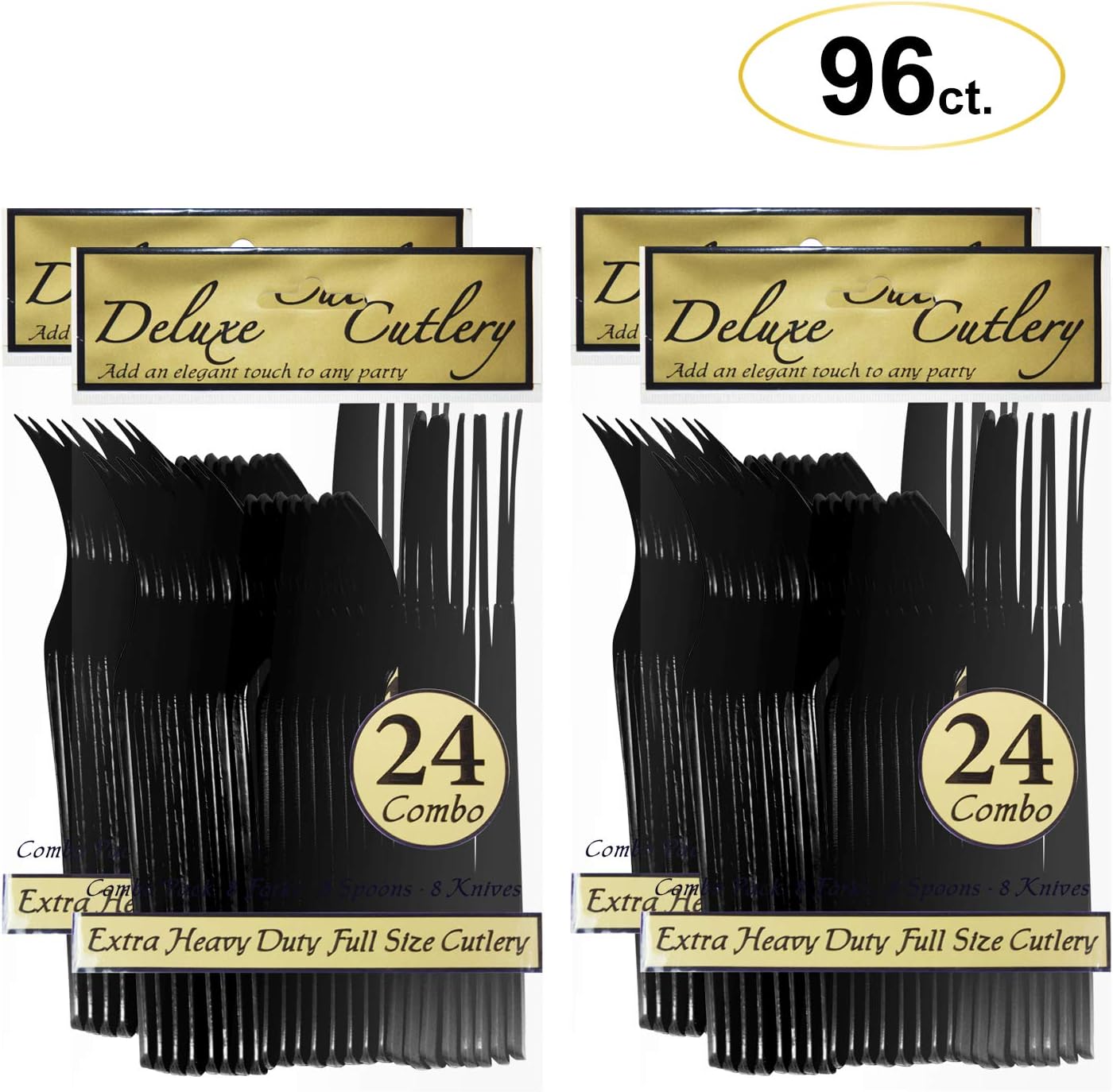 Party Essentials Extra Heavy Duty Hard Plastic Cutlery Combo Pack, Full Size Knives/Forks/Spoons, Black, 96-Pieces/ 32-Place Settings (N1224BK-4)
