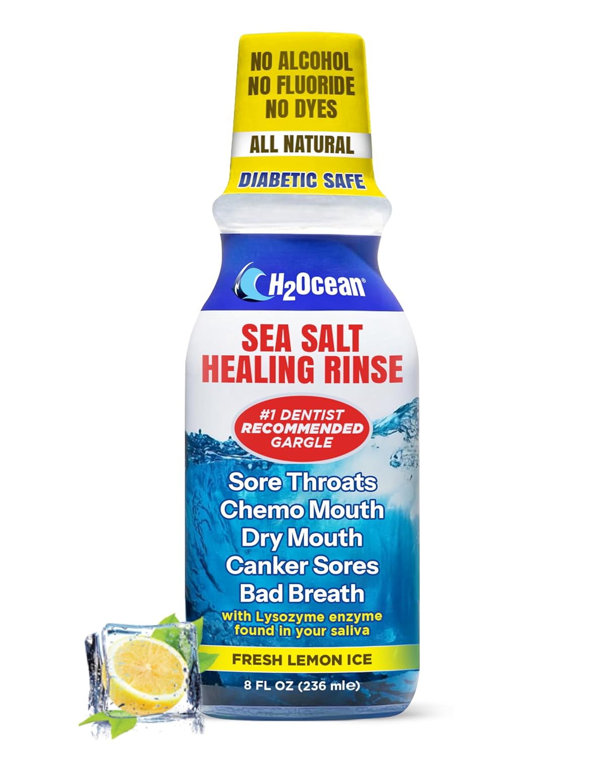 H2Ocean Healing Rinse Natural Sea Salt Mouthwash - Alcohol & Fluoride-Free Oral Care for Tonsil Stones, Sore Throats, Wisdom Teeth Recovery & Gum Health - Whitening Mouthwash, Lemon Ice, 8 oz