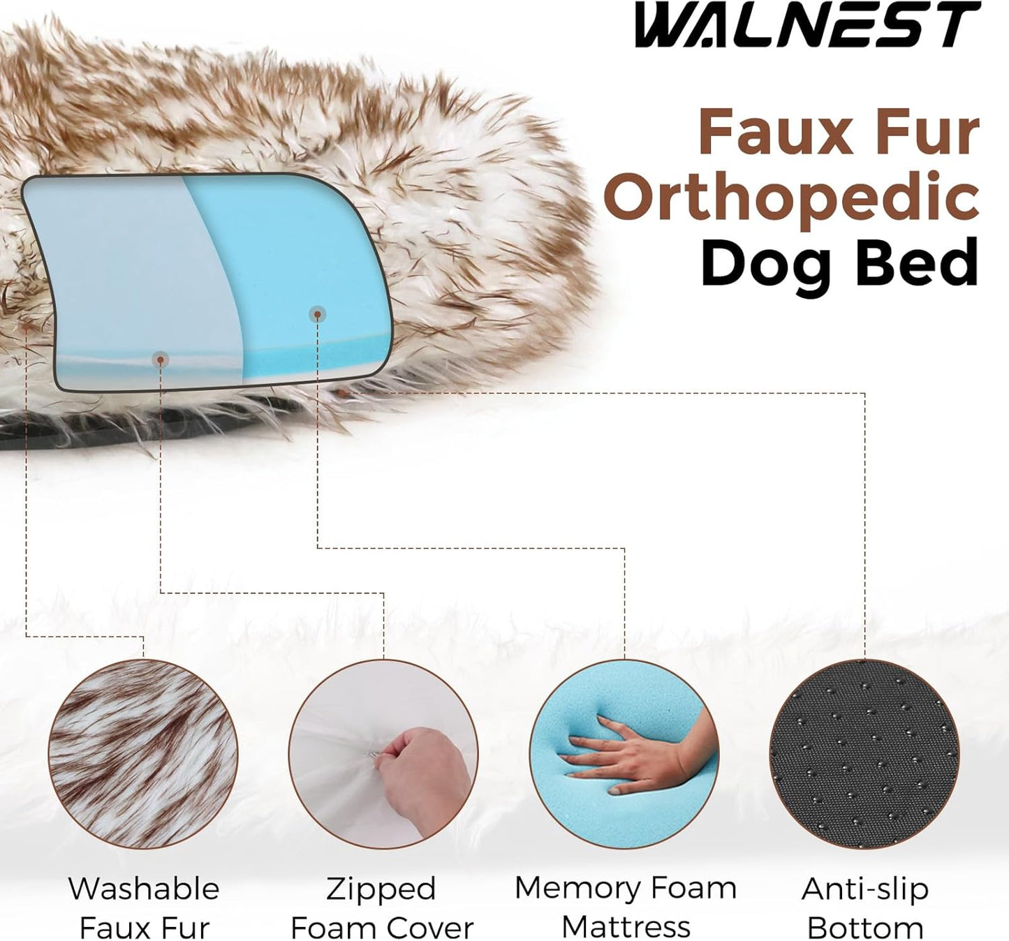 50 Inch Faux Fur Dog Bed for Large/Medium Dogs Orthopedic Beds with Fluffy Faux Fur & Soft Memory Foam for Joint Pain Relief, Machine Washable and Waterproof Dog Couch Beds White with Brown