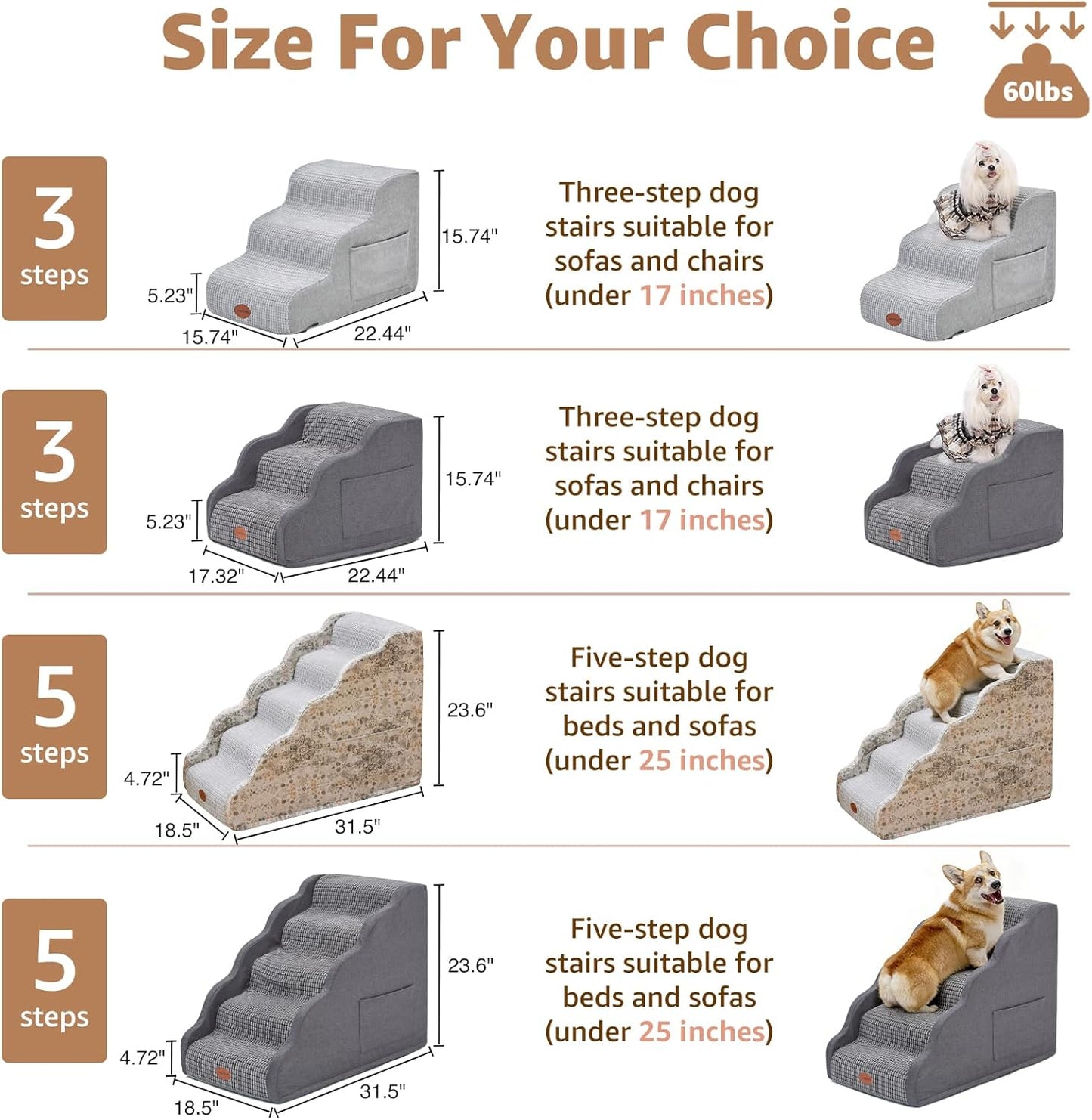 Woochpet Dog Stairs for Small Dogs, 15.7”H Ramp 3 Tier Wider Curved Pet Stairs for Couch and Beds，Weighted Base Plate Indoor Dog Steps with Non-Slip Bottom and Washable Cover for Old Cats