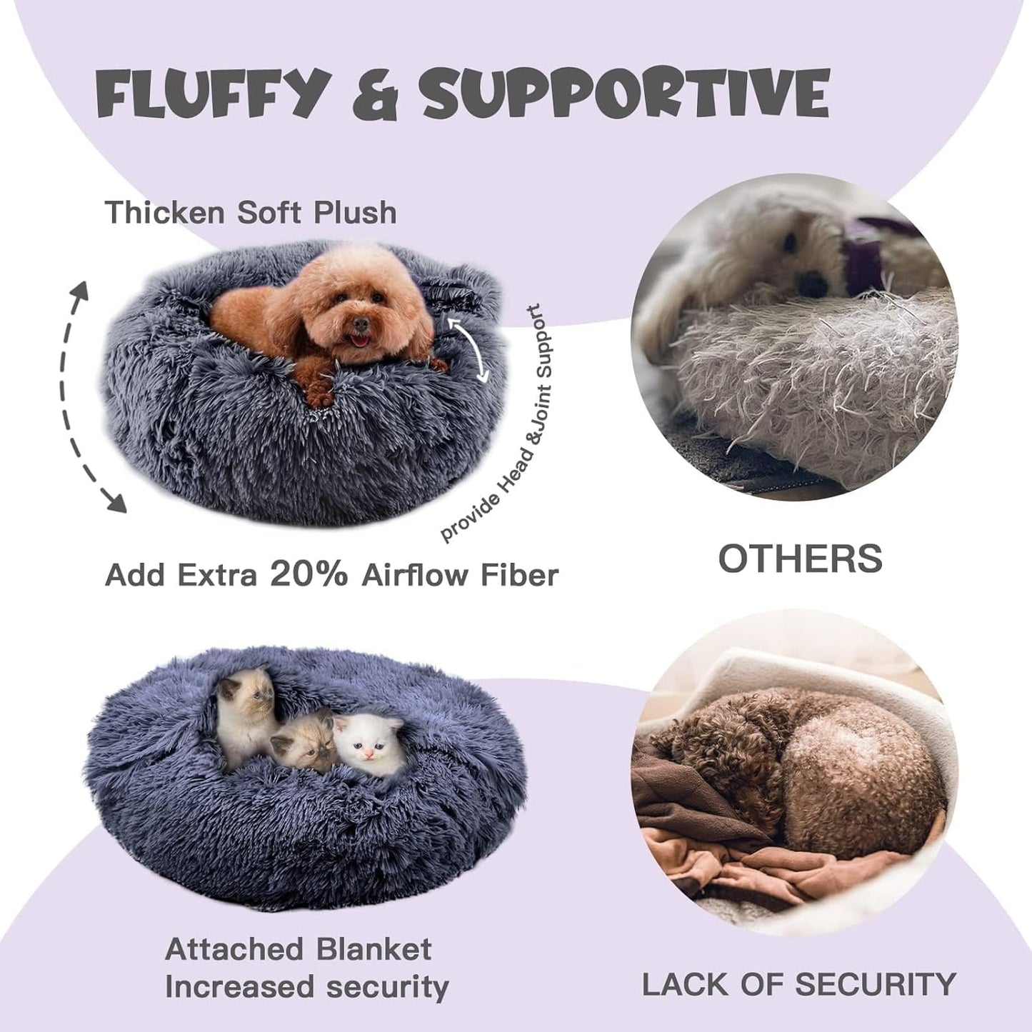 Himax Dog Beds for Small Dogs, Donut Dogs Beds with Blanket Attached, Calming Dog Bed Washable (20"/26"/35") Grey