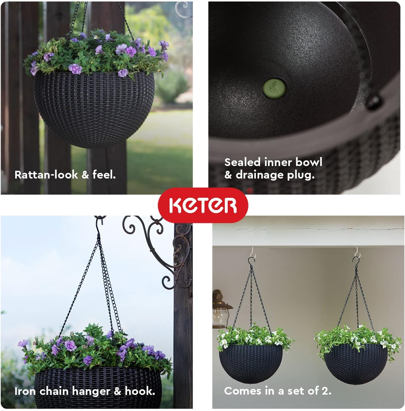 Keter Resin Rattan Set of 2 Round Hanging Planter Baskets for Indoor and Outdoor Plants-Perfect for Porches and Patio Decor, Graphite