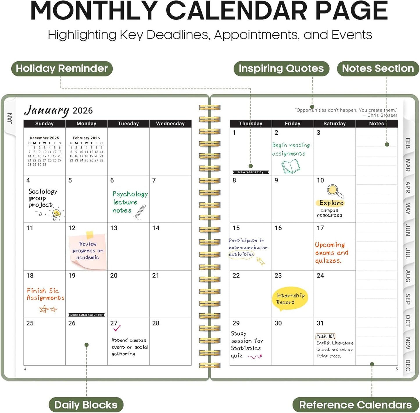 2026 Planner, Weekly and Monthly Calender Planner, Jan 2026 to Dec 2026, Hardcover 2026 Calendar Book with Tabs & Inner Pocket, Office Home School Supplies for Women & Men - A5 (6.3" x 8.5"), Green