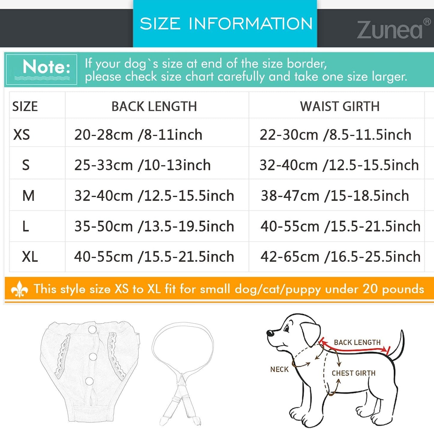 ZUNEA Female Dog Diapers Washable Dog Nappies Cute Puppy Sanitary Diaper with Adjustable Brace Reusable Pet Physiological Pants Soft Suspender Nursing Nappies for Small Girl Dogs