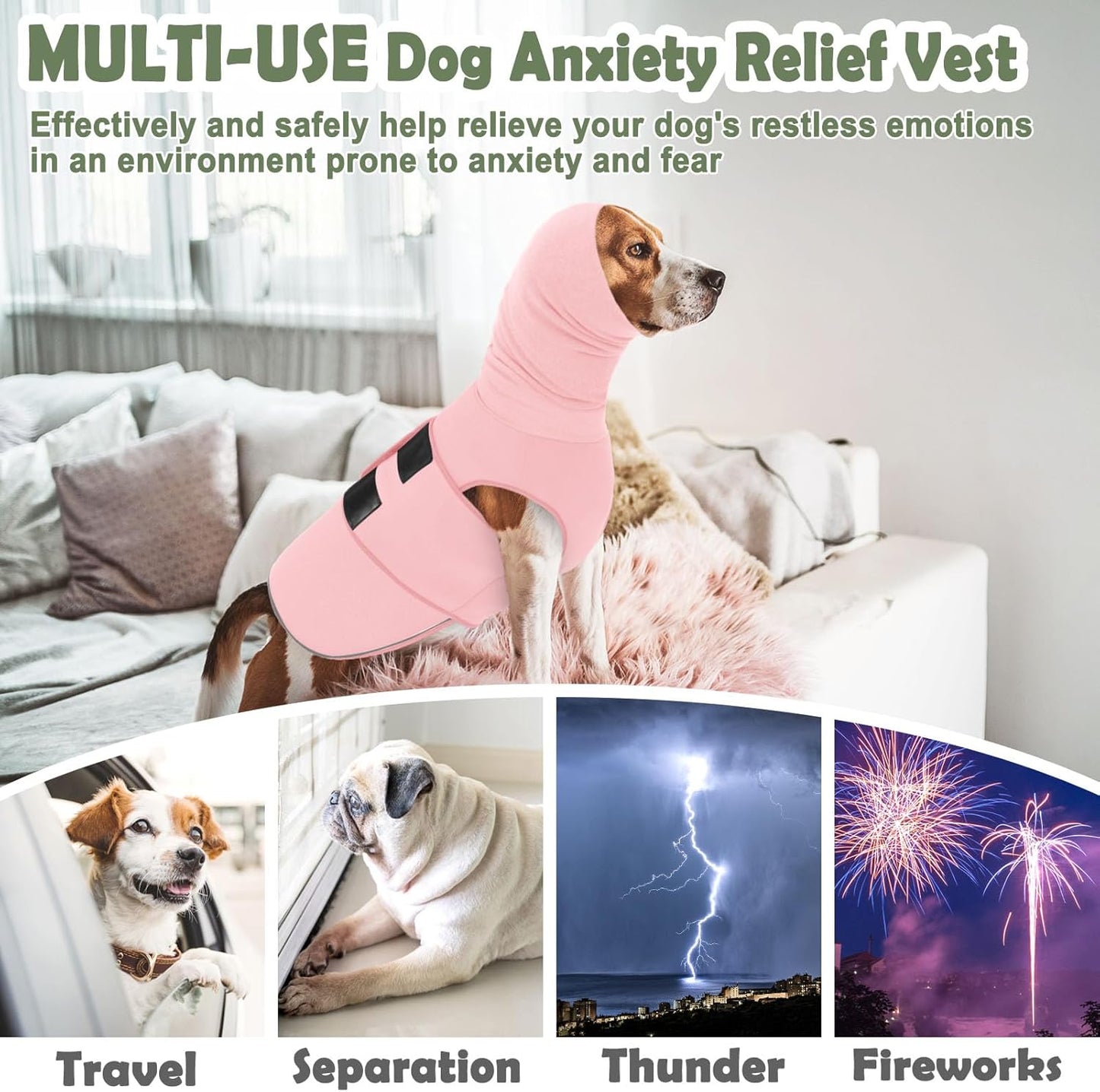 KOESON Dog Calming Vest with Soft Ear Wrap, Breathable Dog Thunder Jacket with Adjustable Hook & Loop, Reflective Puppy Anxiety Relief Jacket for Fireworks, Thunder, Travel, Separation, Pink XS