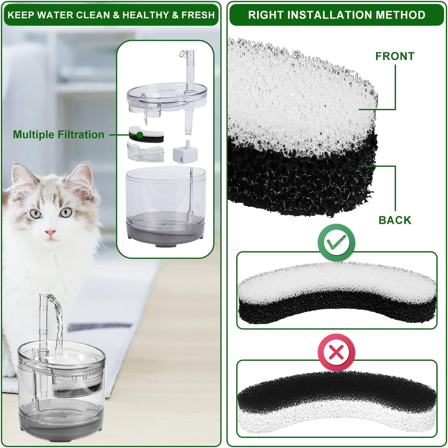 SAVITA 12pcs Cat Water Fountain Filters for NPET WF050 & WF100, Arc-Shaped Foam Sponge with Triple Filtration System