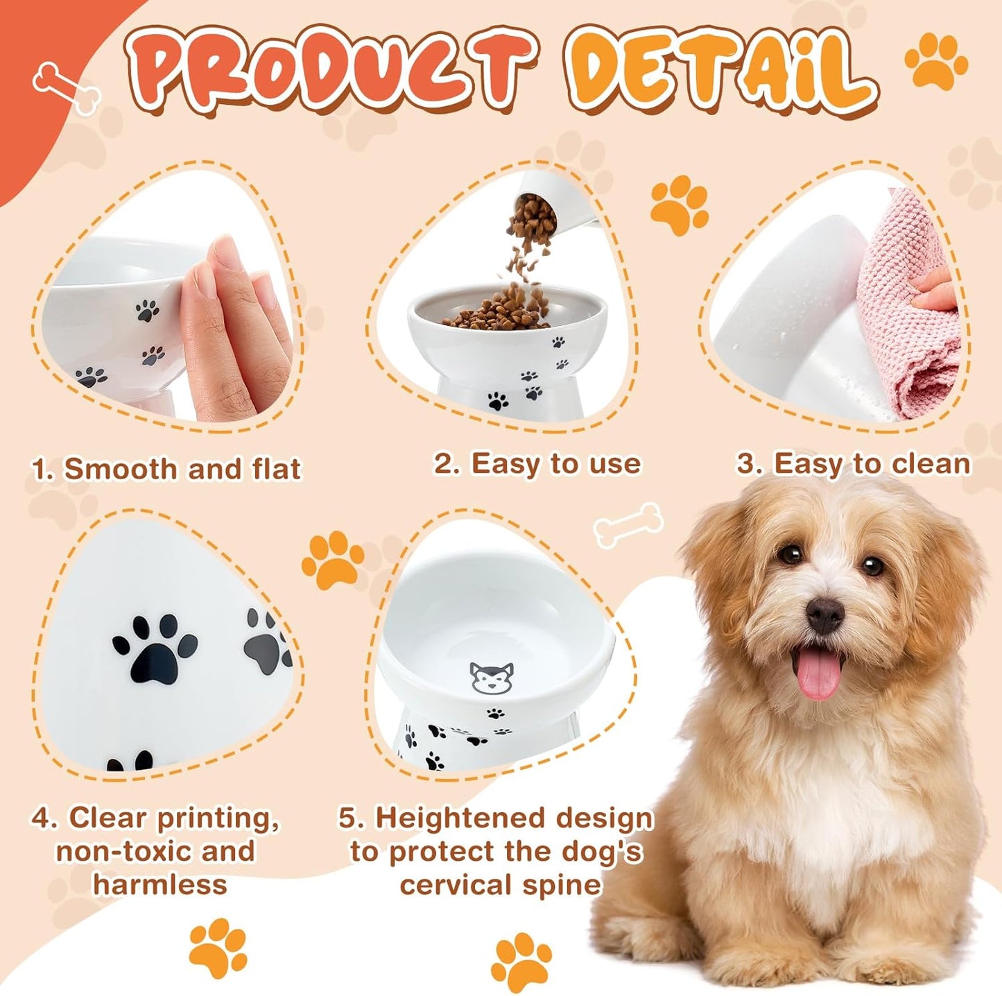 2 Pack Elevated Dog Bowls Cute Ceramic Raised Dog Bowl Nonslip Elevated Water Bowl for Dogs, Dishwasher and Microwave Safe