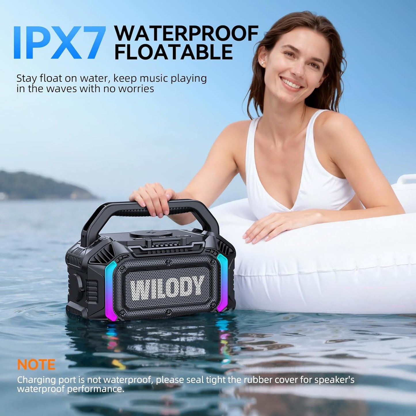 Wilody Speakers Bluetooth Wireless, 100W Loud Outdoor Speaker with Bass, IPX7 Waterproof Floatable, 20H Playtime, Wireless Charge, TWS, RGB Light, Portable Speaker for Work, Garage, Outdoor (Black)