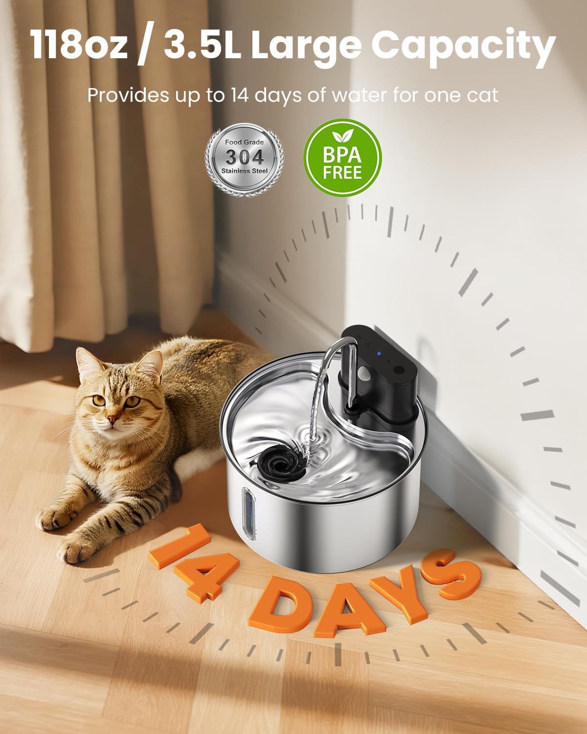 Cat Water Fountain Wireless Stainless Steel with Sensor 3.5L/118oz Battery Operated Rechargeable Automatic Water Dispenser Quiet Pump for Drinking Indoor, Easy Clean for Cats Dogs Pets
