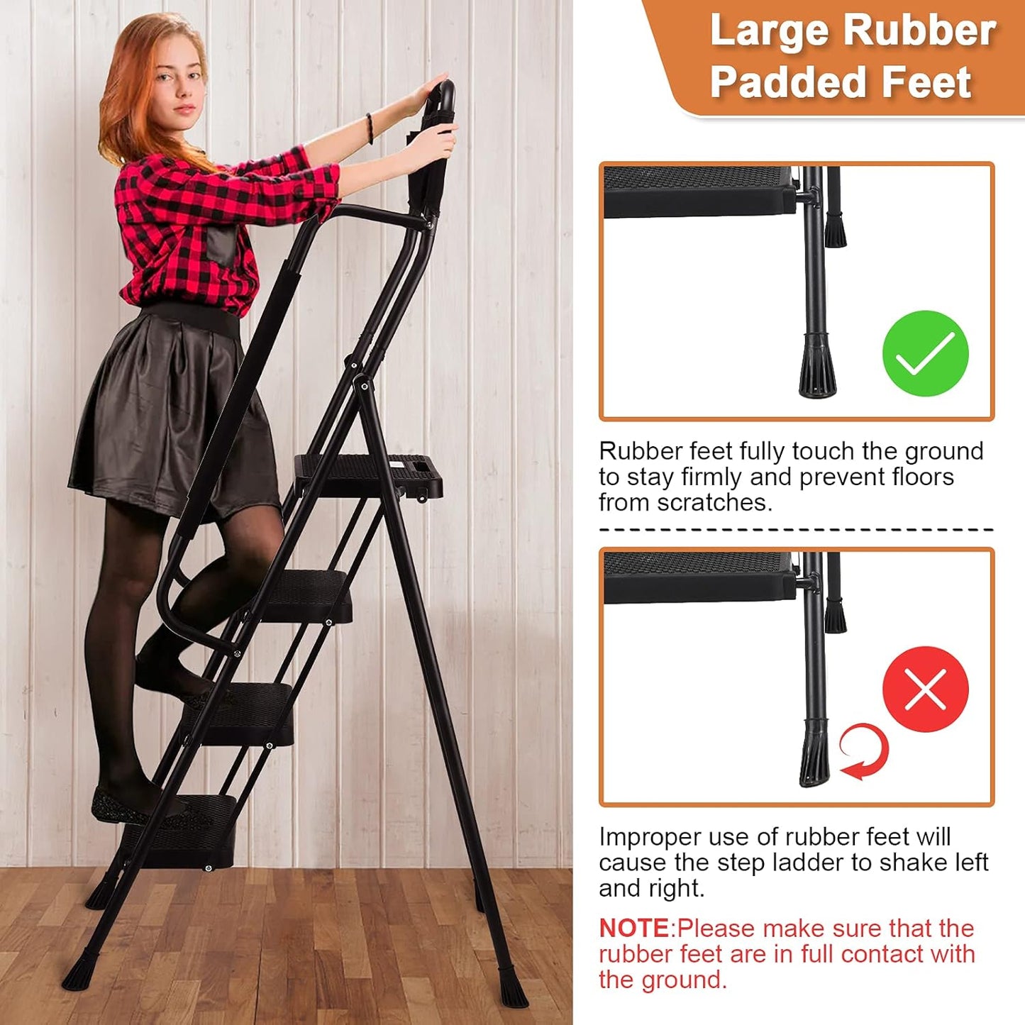HBTower Step Ladder with Handrails, Folding Step Stool with Attachable Tool Bag & Anti-Slip Wide Pedal for Home Kitchen Pantry Office, Black