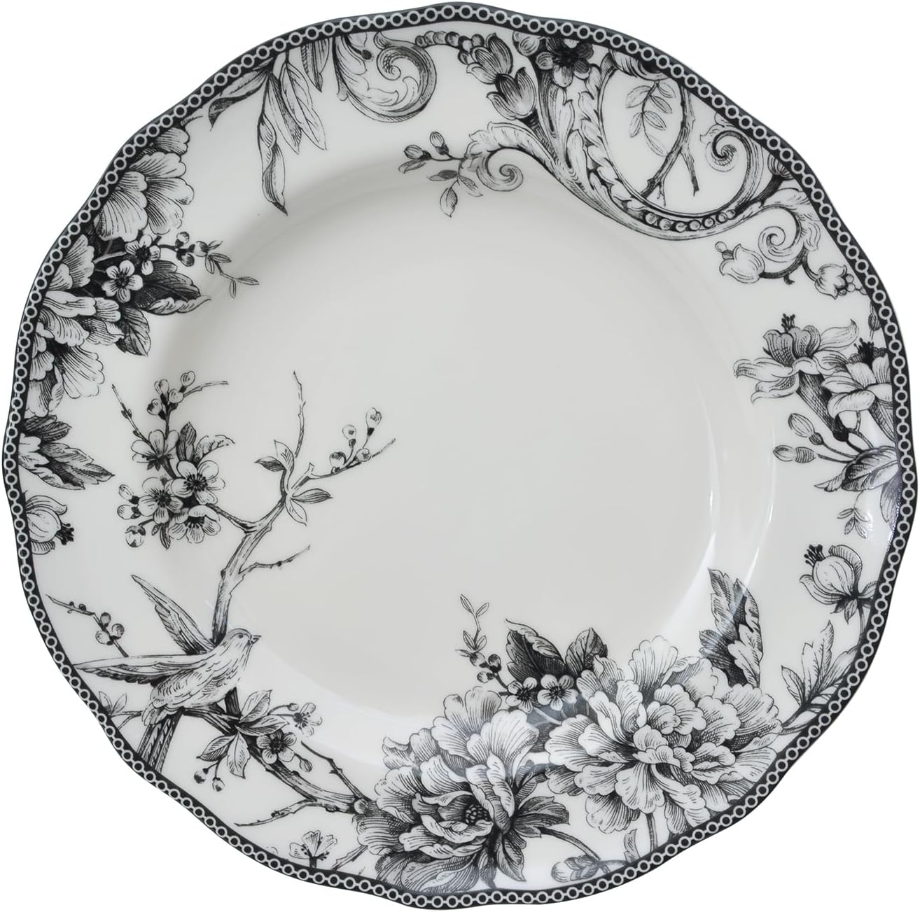 222 Fifth Adelaide 16-Piece Black Porcelain Dinnerware Set – Service for 4, Featuring Hand-Applied Romantic Woodland Bird Design, Everyday Big Dinner Plates and Bowls Sets, Microwave & Dishwasher Safe