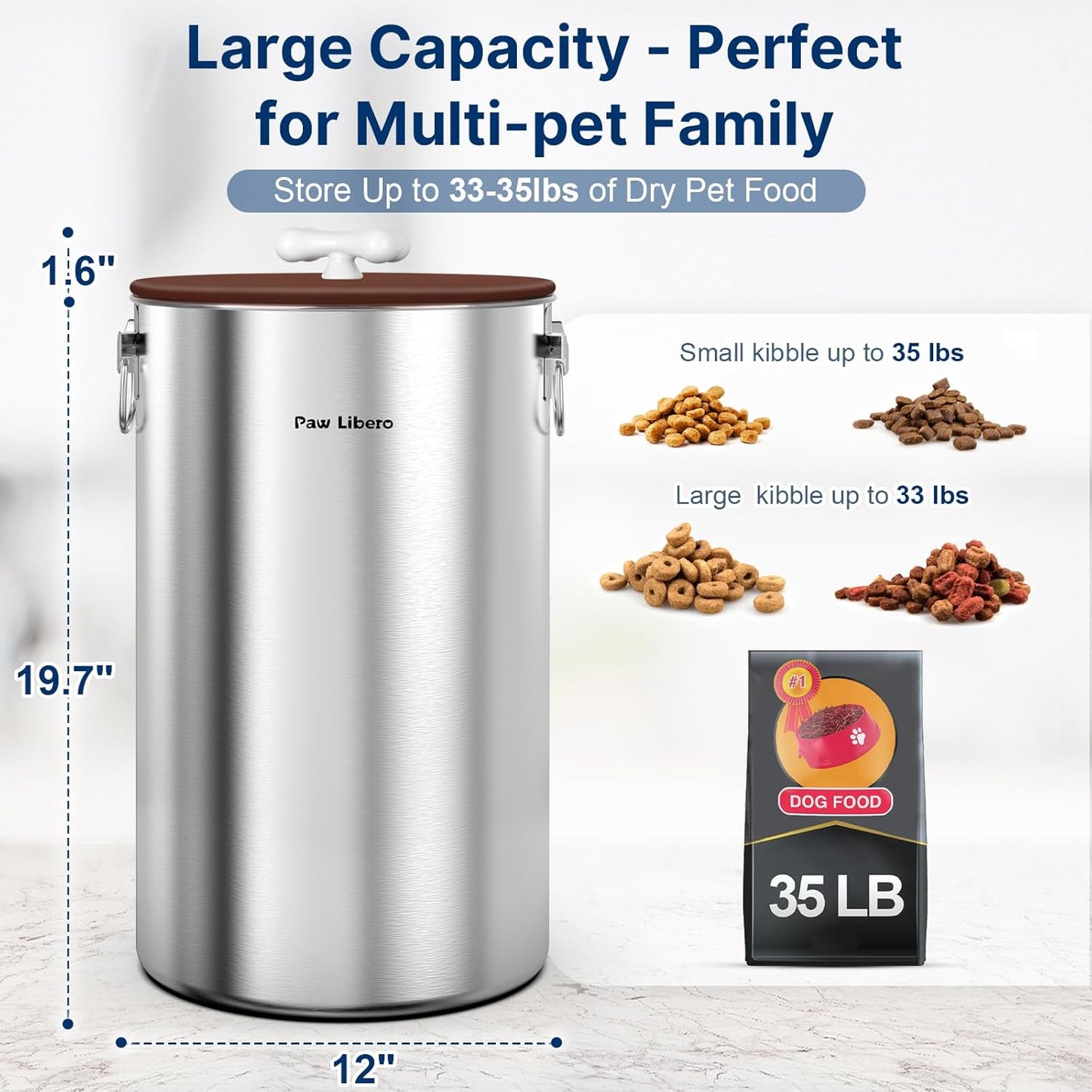 35 Lbs Stainless Steel Dog Food Storage Container with Airtight Lid & Ceramic Bone Handle, Large Metal Dog Food Bin for Dogs & Cats, Keep Fresh, Easy to Clean