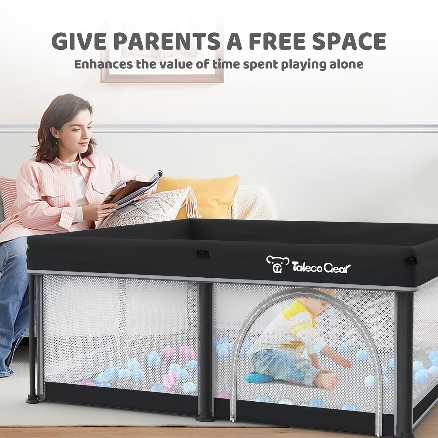 Taleco Gear Foldable Baby Play Pen with Mat, 50''x50'' Playpen for Babies and Toddlers, Playpen for Baby with Gate, Breathable,Foldable Travel Play Pen with 50 Ocean Balls