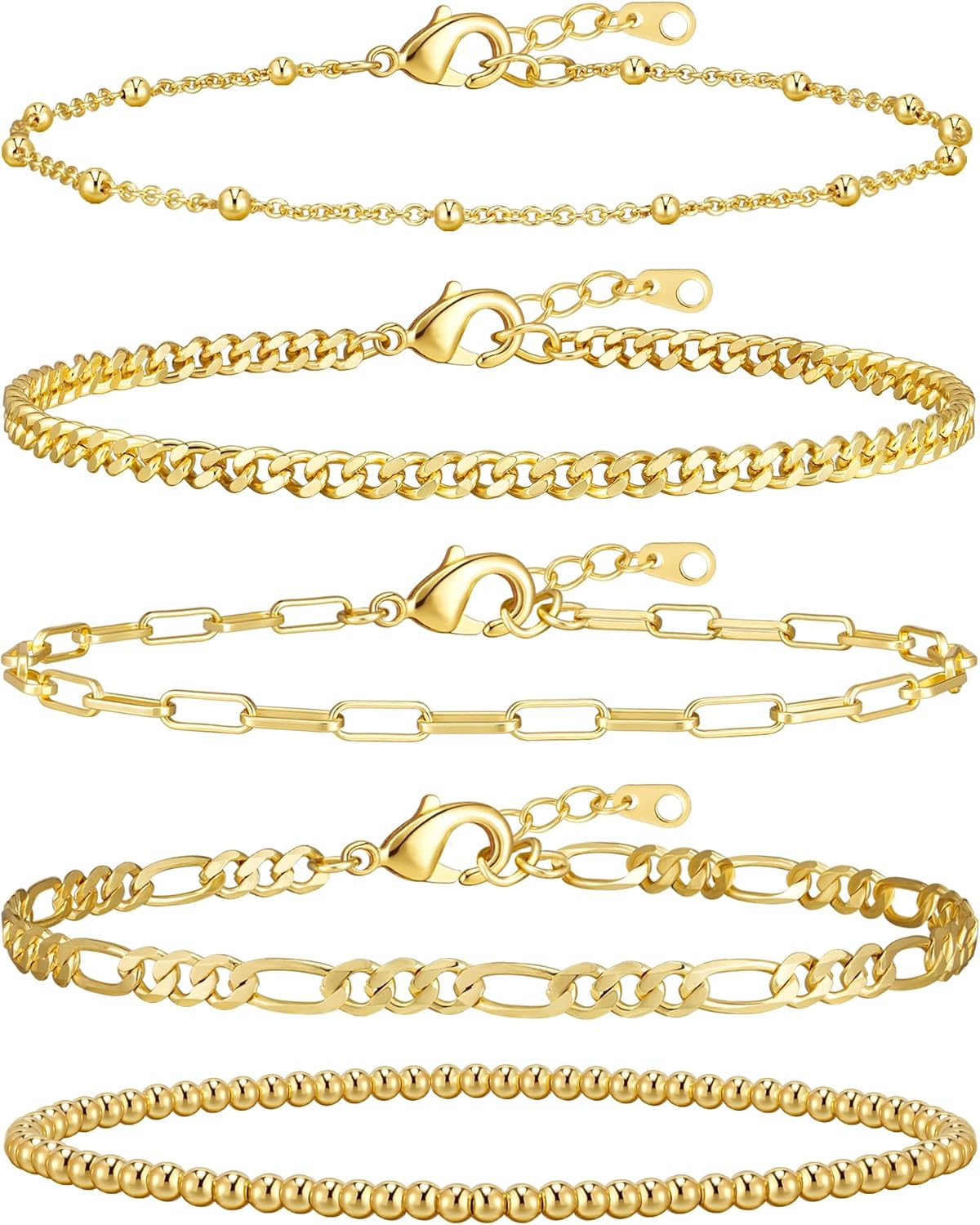 adoyi Gold Bracelets for Women, 14K Gold Plated Stackable Bracelet Stack Set Adjustable Charm Paperclip Chain Cuban Link Layered Waterproof Jewelry Sets Gifts for Womens