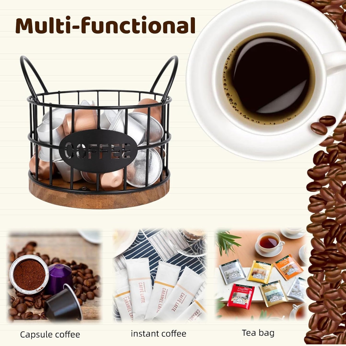 Coffee Pods Holder for Countertop, K Cup Holder Organizer, Sturdy Kcup Storage Basket with Wooden Base, Pods Container for Kitchen Bar Counter Office Desktop (Black)