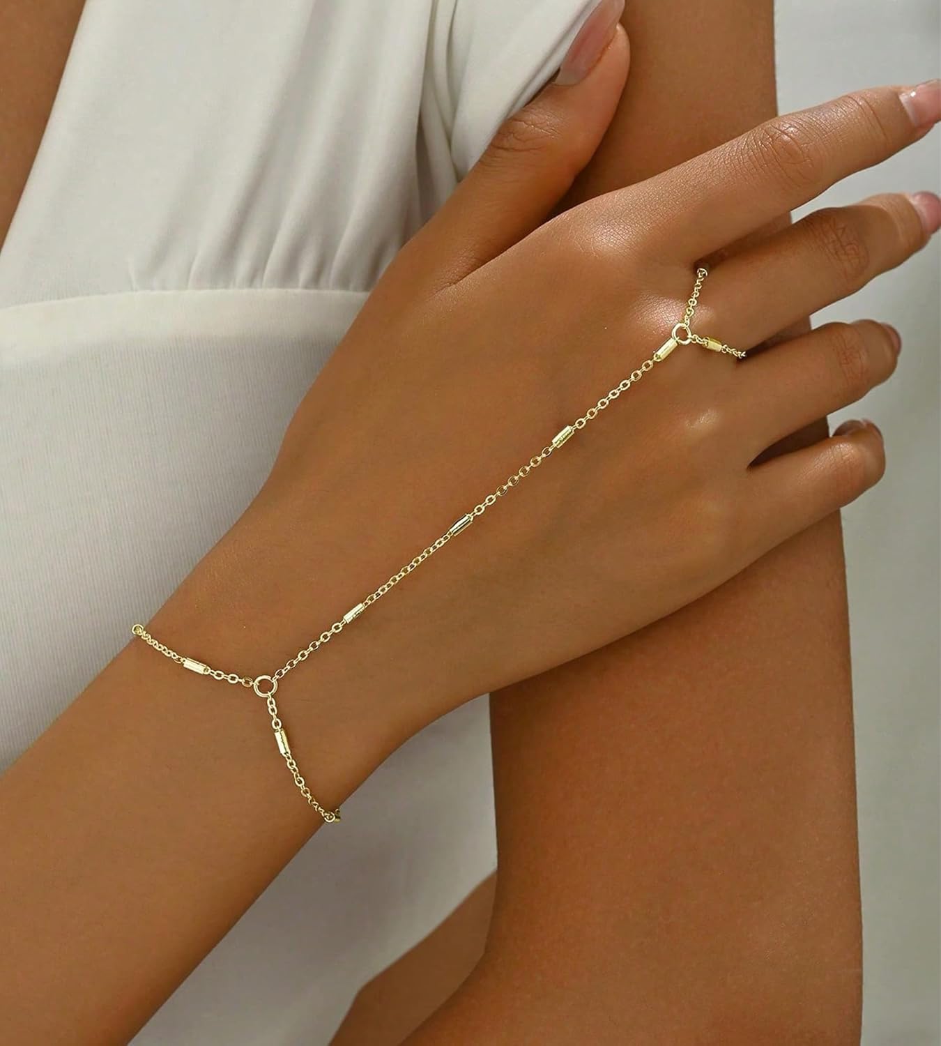 YEEZII Gold Hand Chain Bracelets for Women, 2 Pcs 14k Gold Plated Cubic Zirconia Link Chain Bracelet Set, Trendy ring bracelet hand chain Jewelry for Her