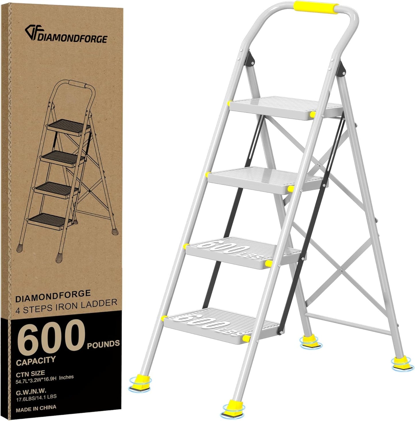 Step Ladder Foldable Folding Stool - for Home Adults Kitchen 4 Stepping Extension Tall Heavy Duty with Handrails - Closet Stepstool Stair Ladders Extendable Stepladder for Indoor House 600Lbs