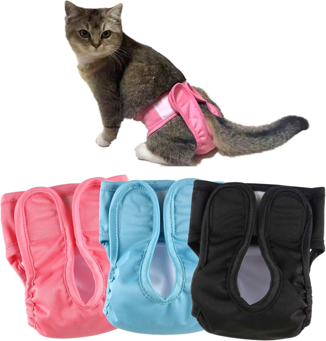 Reusable Cat Diapers, Washable Cat Incontinence Diapers for Cats Spraying or Cats in Heat or Incontinence，Adjustable Kitty Diapers 3 Pack (S)
