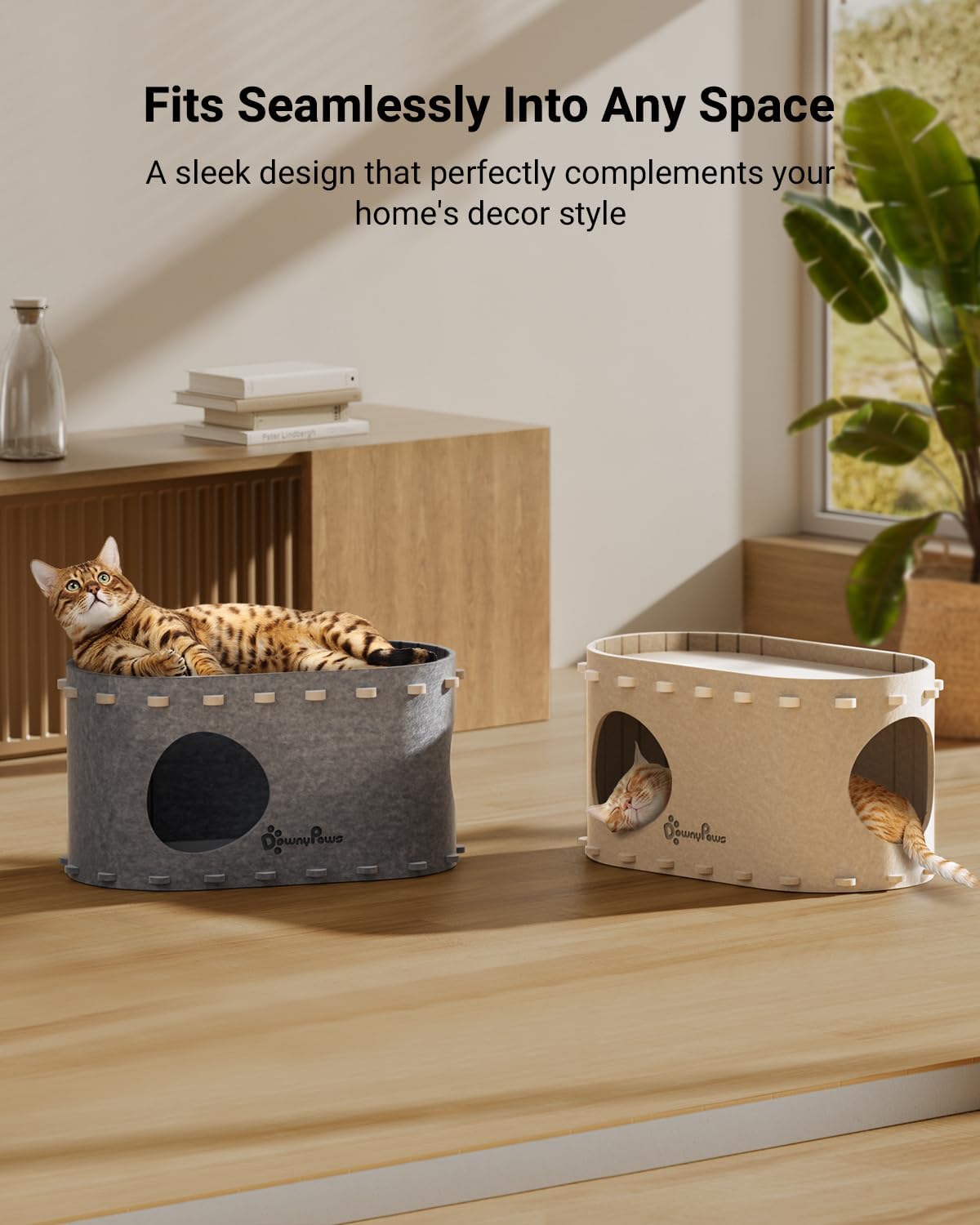 DownyPaws Cat House for Indoor Cats, Cat Bed Cave for Multiple & Large Cats Up to 22 Lbs, Scratch Resistant, Foldable Peekaboo Kitten Caves Tunnel Enclosed Bed, PeekaPurr, Cream