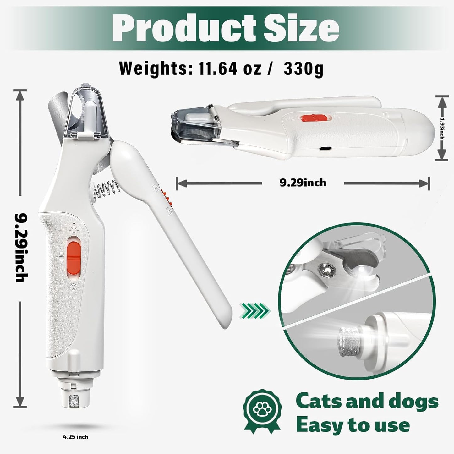 2-in-1 Cat Nail Clippers & Dog Nail Clippers Trimmers for Large Medium Small Dogs Cats Claw Trimmer Quick Sensor and Safety Guard USB Rechargeable with 2 LED Lights Dogs Nail Trimmer