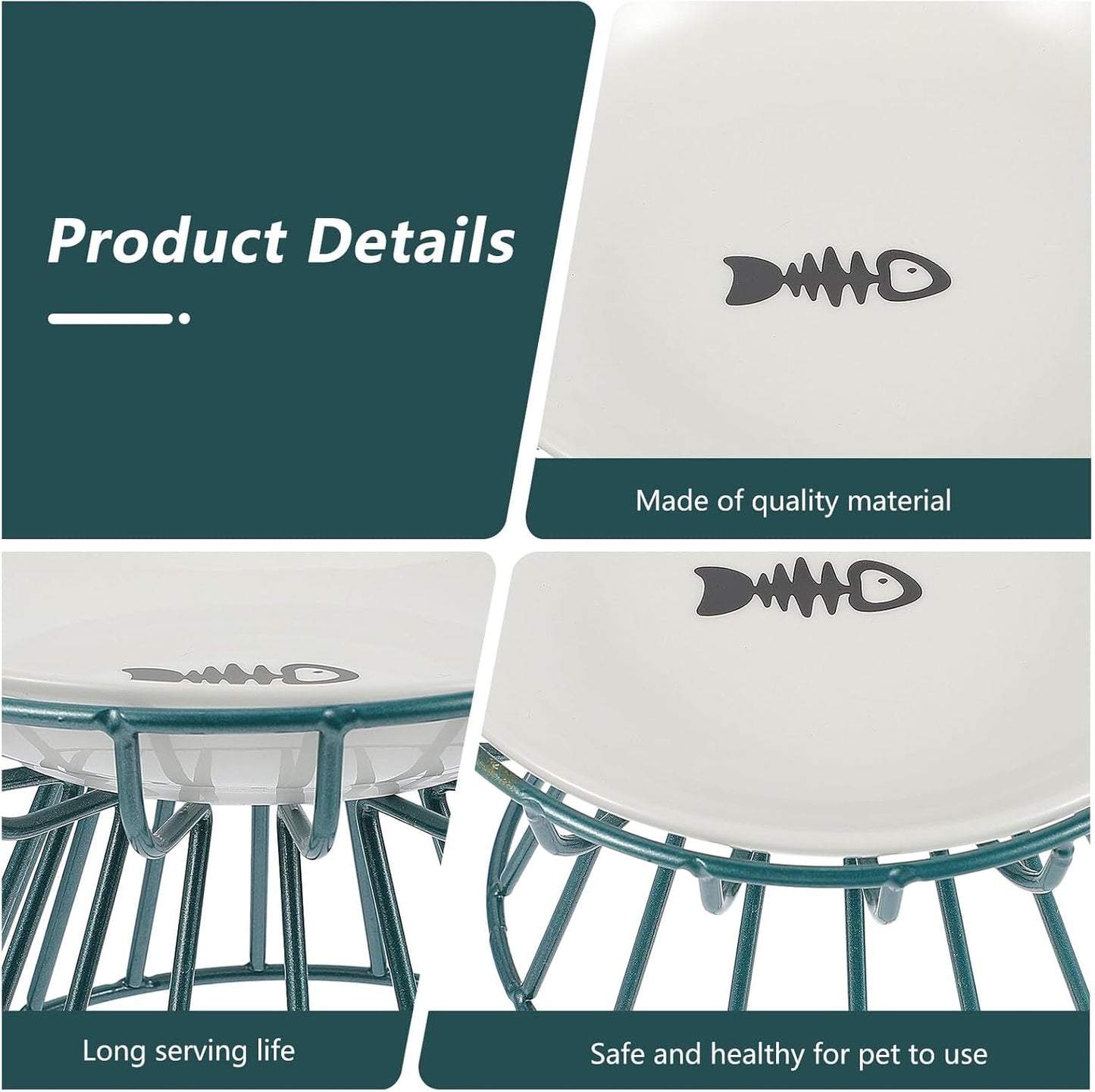Milisten Pet Cat Ceramic Raised Feeding Bowl with Metal Rack Anti-Overturn Food and Water Dish Set Elevated Pet Bowl for Cats to Protect Spine and Feeding Comfort 2pcs Set Green Metal Stand