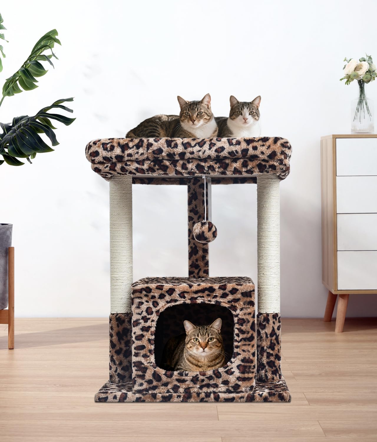 SYANDLVY 27" Cat Tree for Indoor Cats, Activity Tower with Scratching Posts, Modern Kitten Condo with Plush Perch & Hanging Ball for Play, Leopard Print