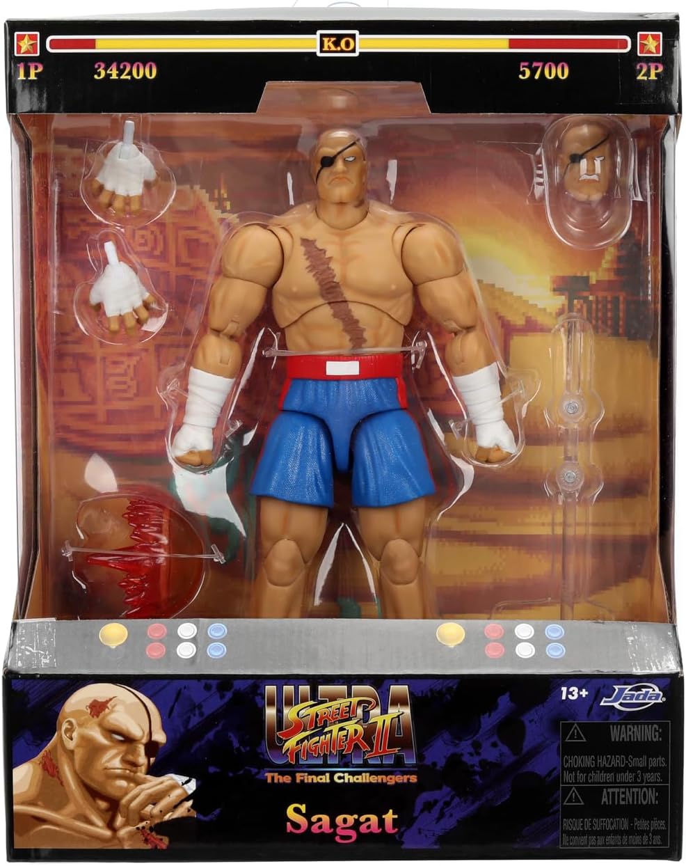 Jada Street Fighter II Sagat Deluxe 1:12 Scale Action Figure - Highly Articulated, Tiger Shot Accessory & Stand, 7.6" Tall