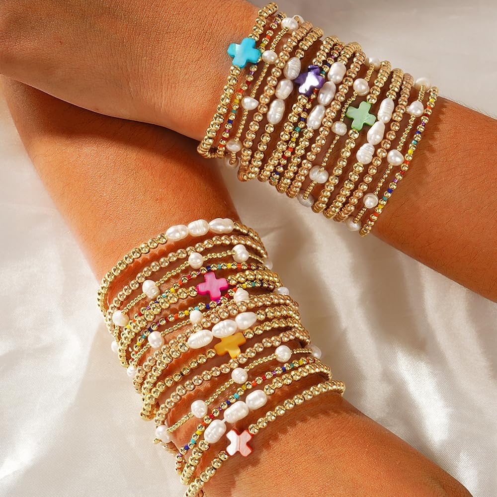 14K Gold Pearl Beaded Cross Bracelets Stack Set for Women,Stretch Boho Colorful Christian Beads Ball Jewelry Trendy Gift