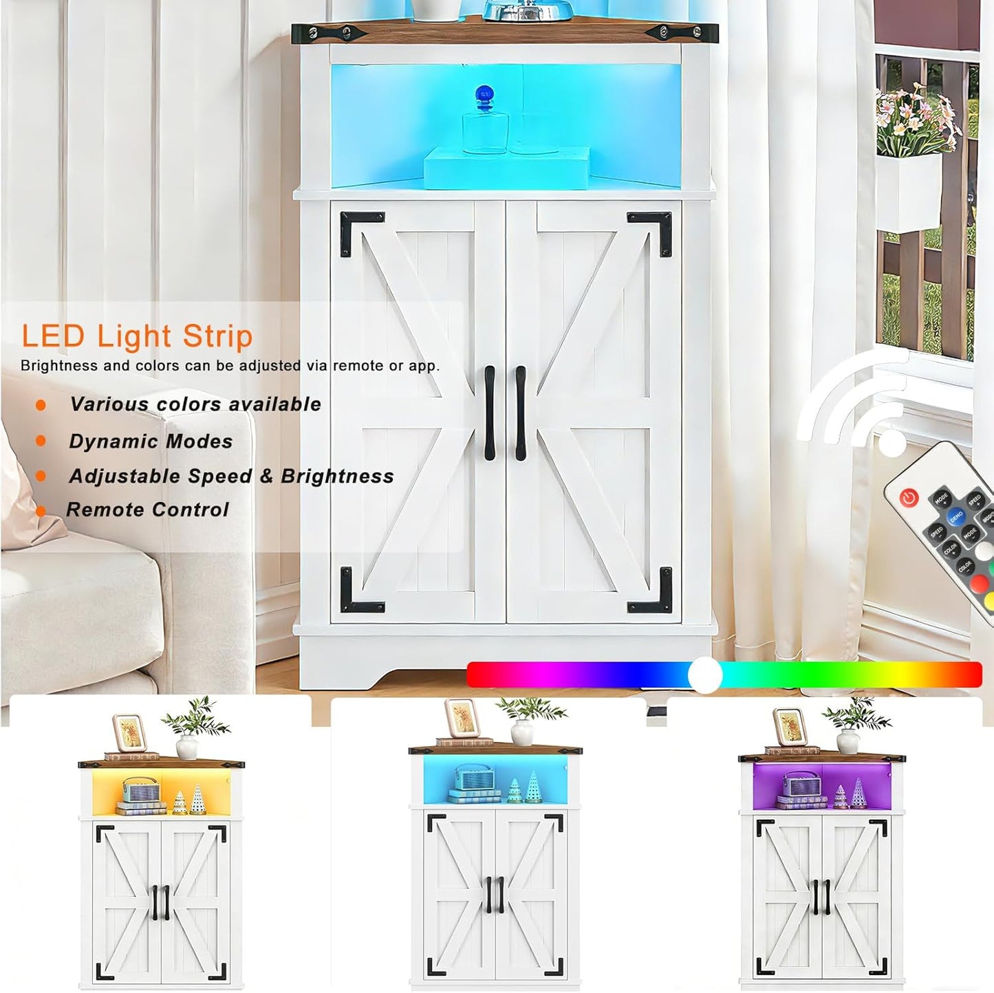 HOOBRO Farmhouse Corner Cabinet, Small Corner Storage Cabinet with Lights, Wooden Corner Cabinet with Doors and Adjustable Shelves, for Bathroom, Living Room, Kitchen, White and Walnut WH119DCJ01
