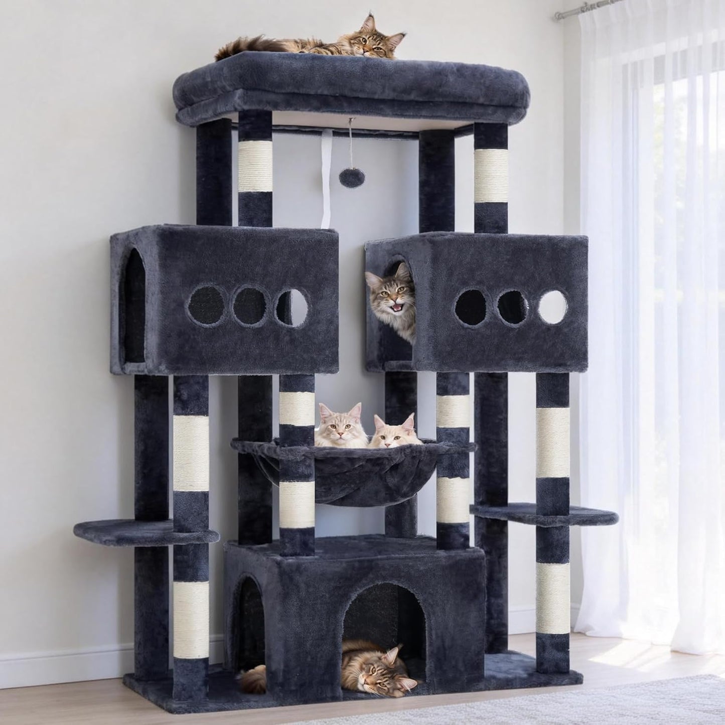 Hey-brother Cat Tree Tower, Large Sisal Scratching Posts with Big Platform, 3 Spacious Condos, Plush Hammock, Toy, 57.5 Inches Multi-Level Furniture for Indoor Adults Maine Coon, Smoky Gray MPJ083G