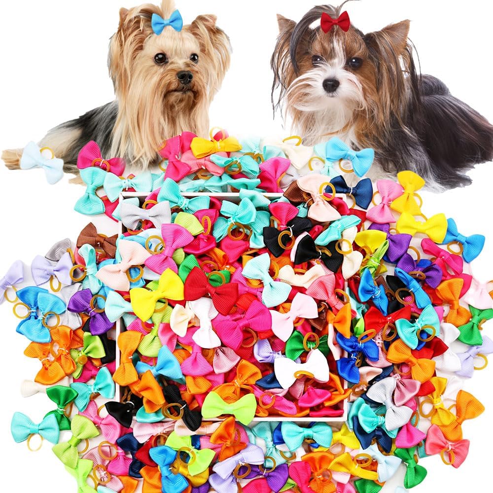 100Pcs(60 Colors) Pure Color Dog Bows with Rubber Bands Small Handmade Topknot Hair Bows for Doggie Puppy Cat Bunny Yorkie Pet Hair Grooming Accessories