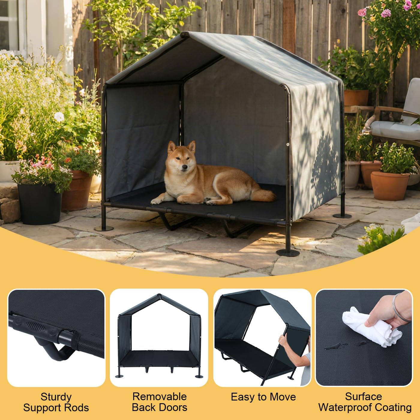 Outdoor Dog House for Large Dogs, Raised Dog Bed with Removable Waterproof Shade Cover, Portable Pet Shelter for Camping, Patio & Yard
