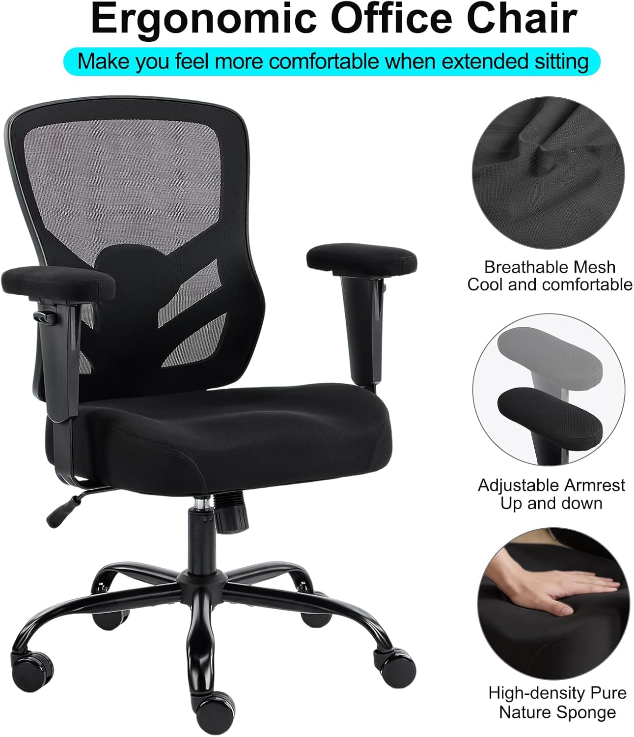 YFO Ergonomic Office Chair, Mesh Computer Desk Chair with Adjustable Back Lumbar Support and Armrests, Comfy Executive Rolling Swivel Task Chair for Home Office, Black