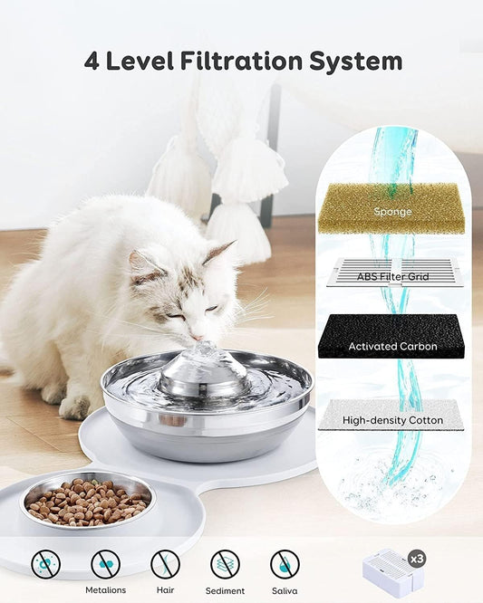 Fountain Stainless Steel Water Fountain Dog Bowl 2in1 Set, 2L/67oz Pet Water Fountain 248ml Food Bowl,Feeding Watering Supplies with 3 Filters Mat for Cats Dogs Pet Water Dispenser