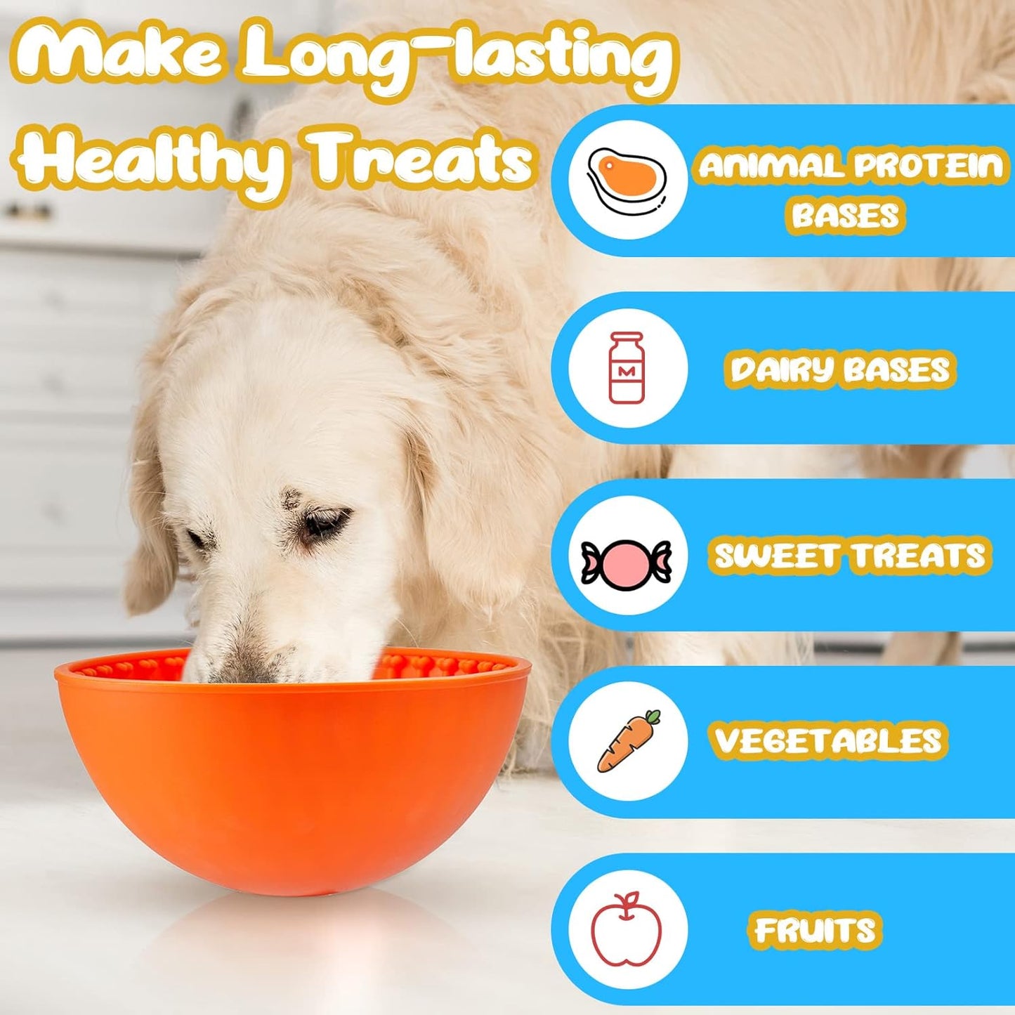 Patelai 2 Pcs Dog Enrichment Lick Bowls Silicone Freeze Bowls Interactive Cat Licking Mats Slow Feeders for Pet Oral Health Boredom Anxiety Relief, Wobble or Stay Put(Blue, Orange,Bone)
