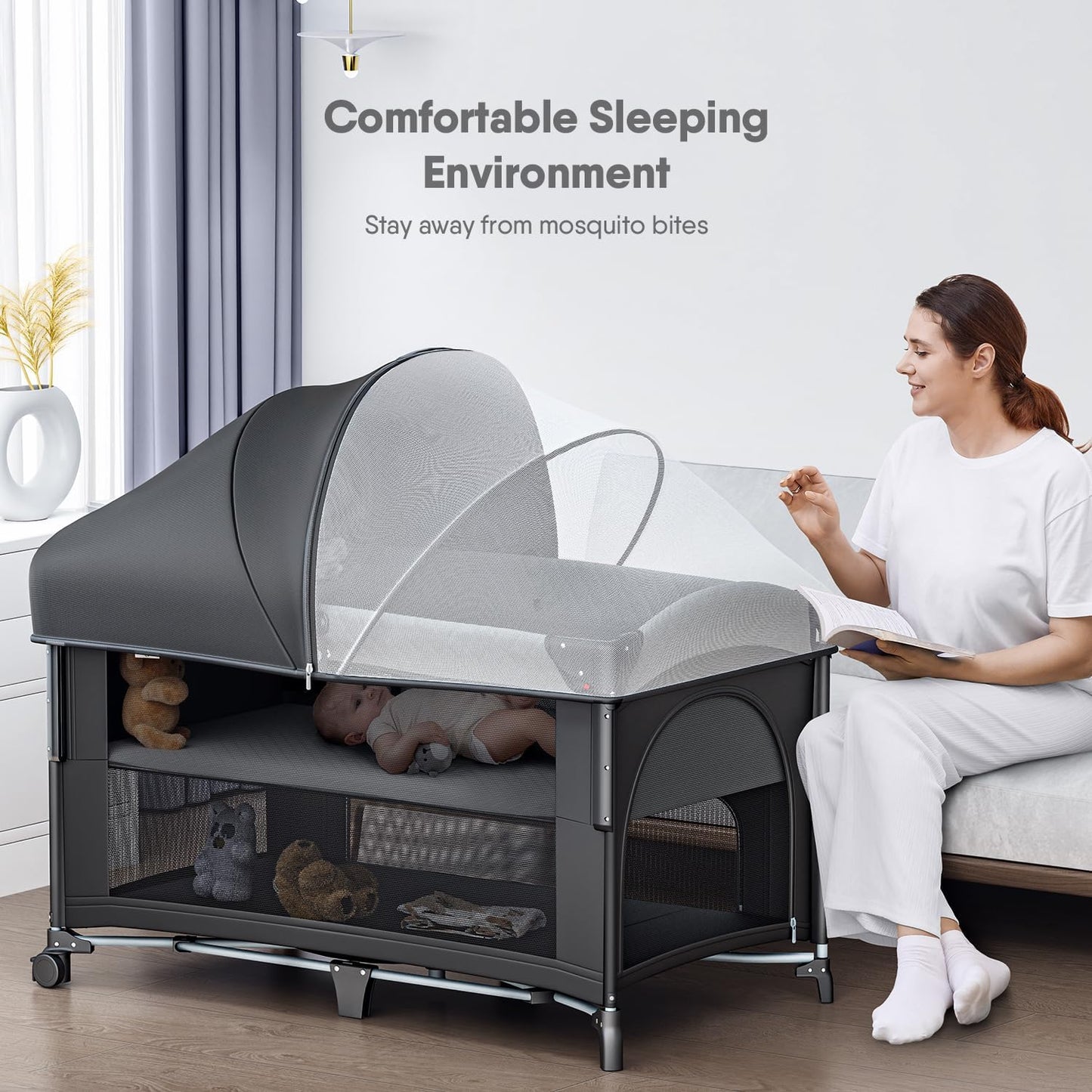 4 in 1 Baby Bassinet, Pack and Play, Bedside Crib Sleeper, Diaper Changer - Comes with Mattress, Mosquito Net，Bottom Storage and Toy Bar for Newborn to Toddles