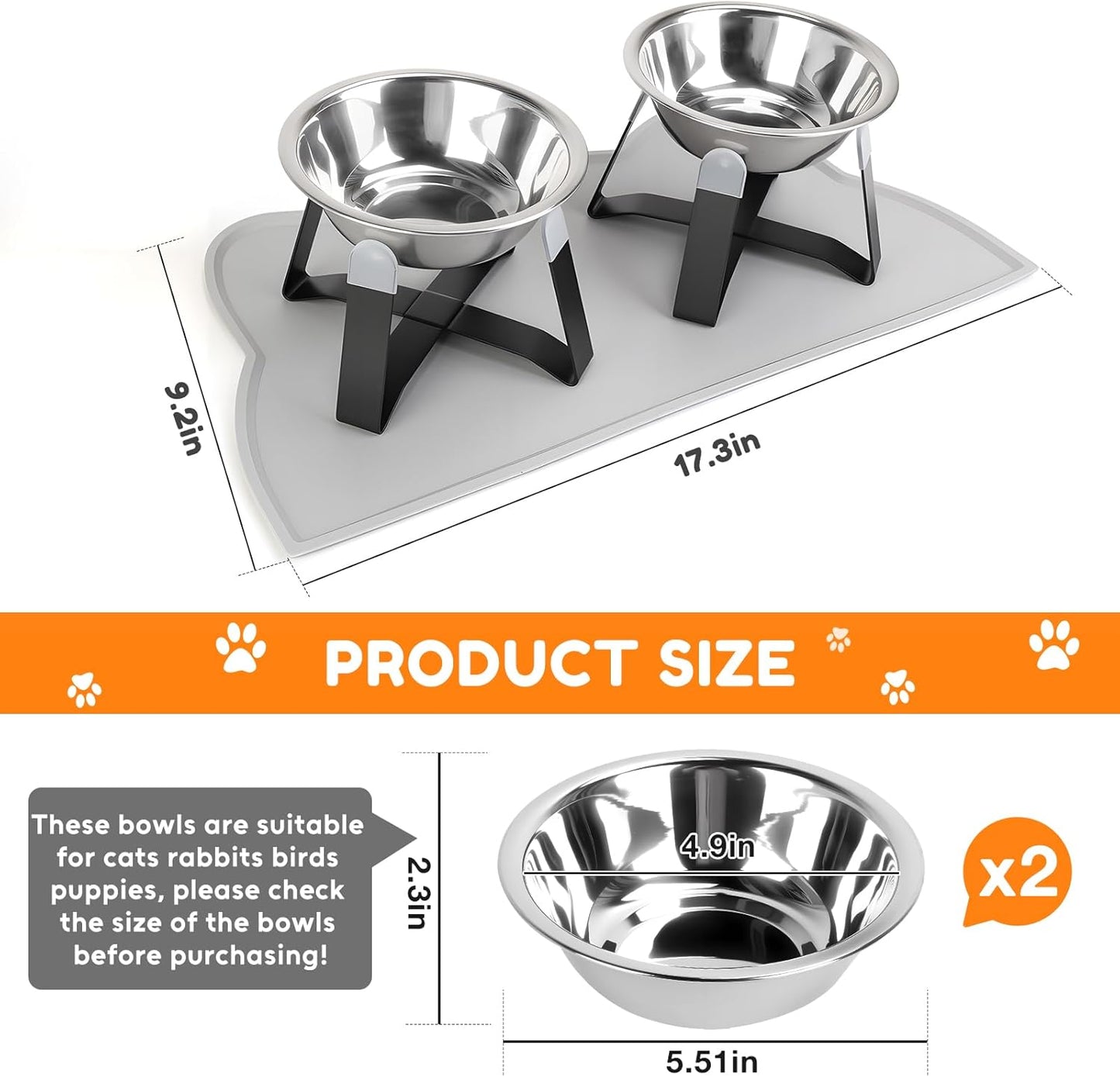 2 Pack Raised Cat Bowls Holder with Non-Slip Mat Stainless Steel Cat Feeder Elevated Pet Water Food Bowls for Cats Puppies Rabbits (Black)