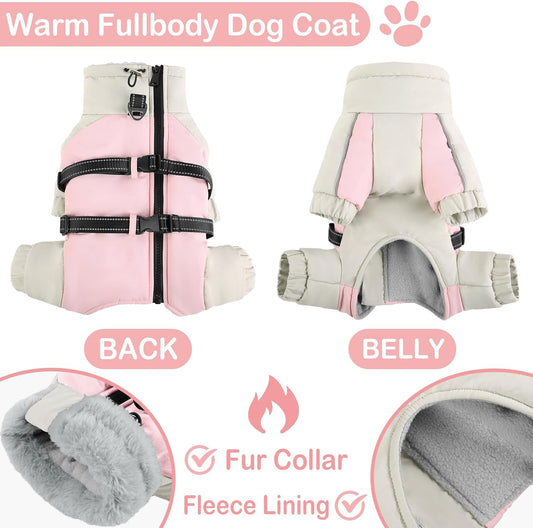 KOESON Four Legged Winter Coat, Warm Dog Jacket with Adjustable Buckles, Turtleneck Windproof Fleece Jackets, Reflective Fullbody Snowsuit Puffer Coat Pink Grey XS