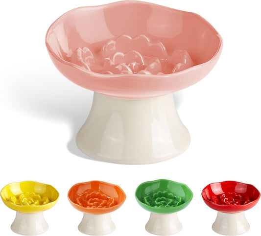 Ceramic Slow Feeder Bowl for Cats and Small Dogs, Elevated Tilted Pet Food Dish, Whisker Friendly Anti-Vomit Design, Heavy Stable Base, Dishwasher Safe， 5 Colors Options (Blush Pink)