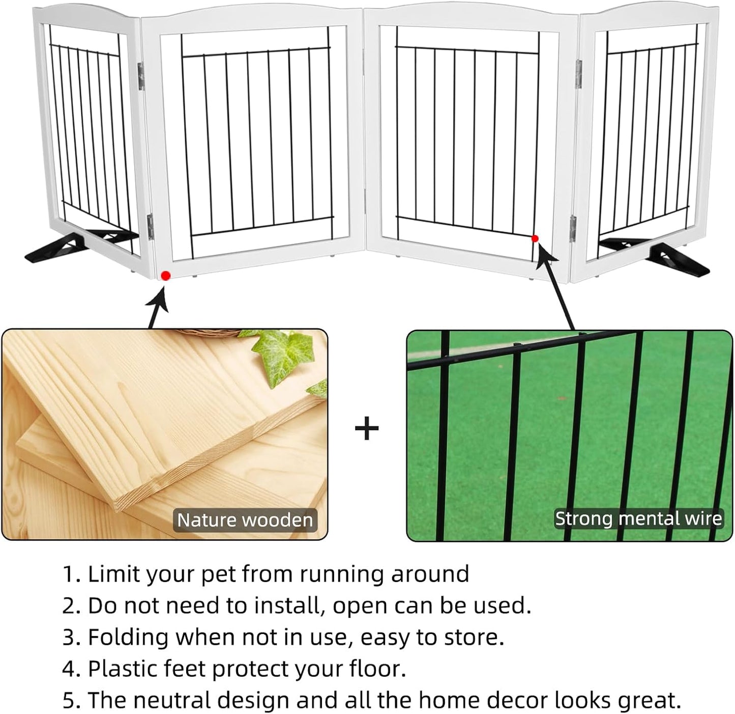ZJSF Freestanding Dog Fence Indoor, Foldable Dog Gate for Doorways, Stairs or Hallways, Sturdy Wood Extra Wide Pet Gate with Support Feet for The House, White, 32 "Height-4 Panels