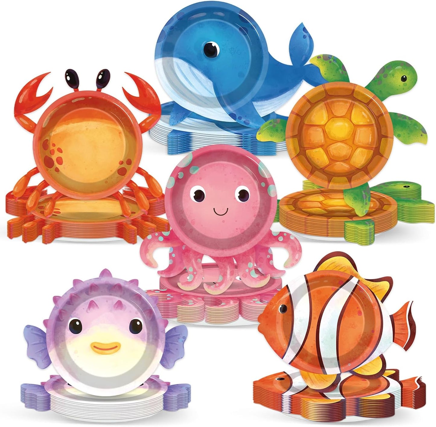 48Pcs Ocean Animal Shaped Paper Plates Under the Sea Party Supplies Sea Animal Tableware 7In Underwater Dinner Plates for Boys Girls Marine Animal Birthday Party Baby Shower Decorations