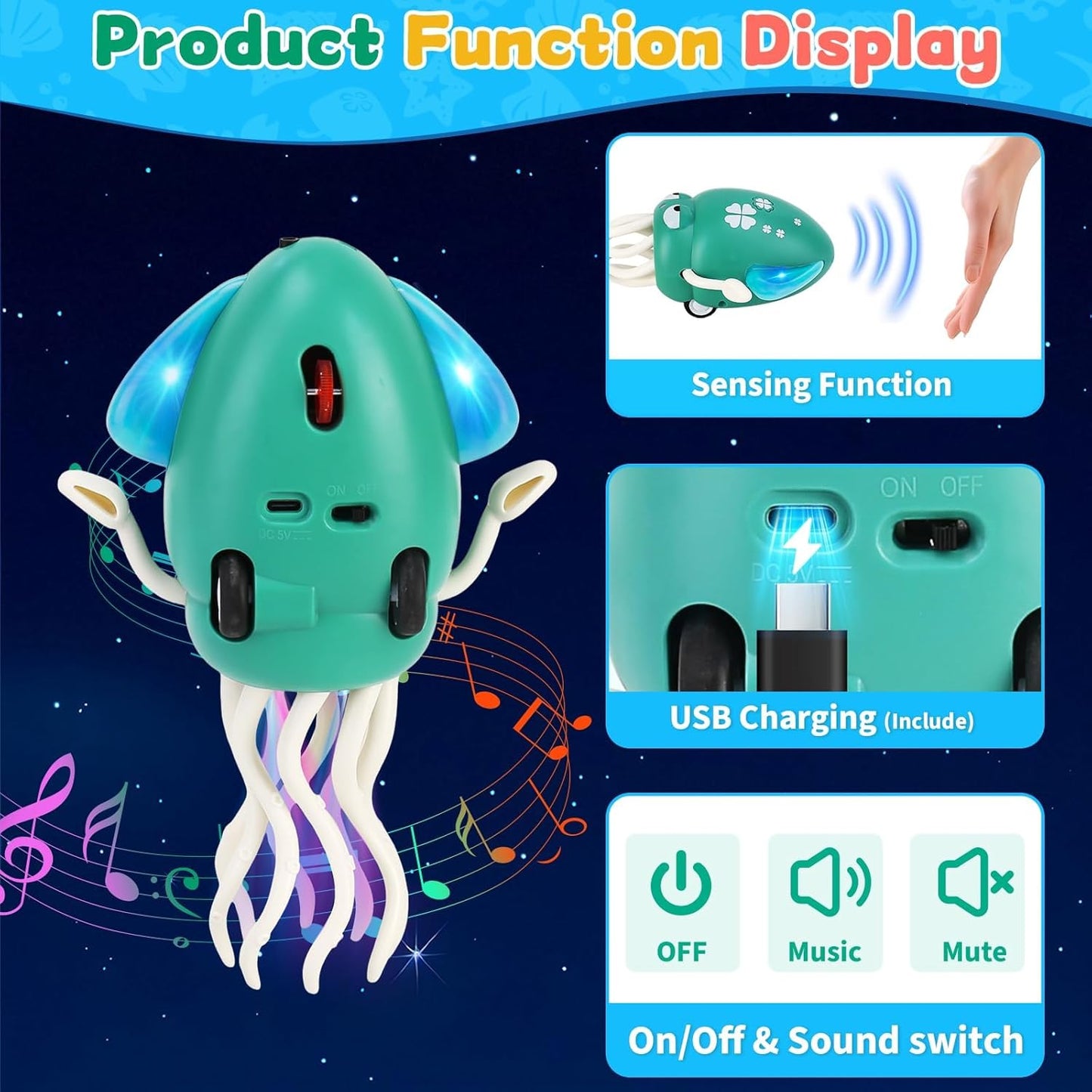 Electric Dancing Octopus Light Music Suitable for 12-18 Months Old Baby Toys, Kid Crawling Squid Toys Suitable for Toddler Tummy Time, Birthday for 1 2 3 4 5 6 Year Old Boy (Green)