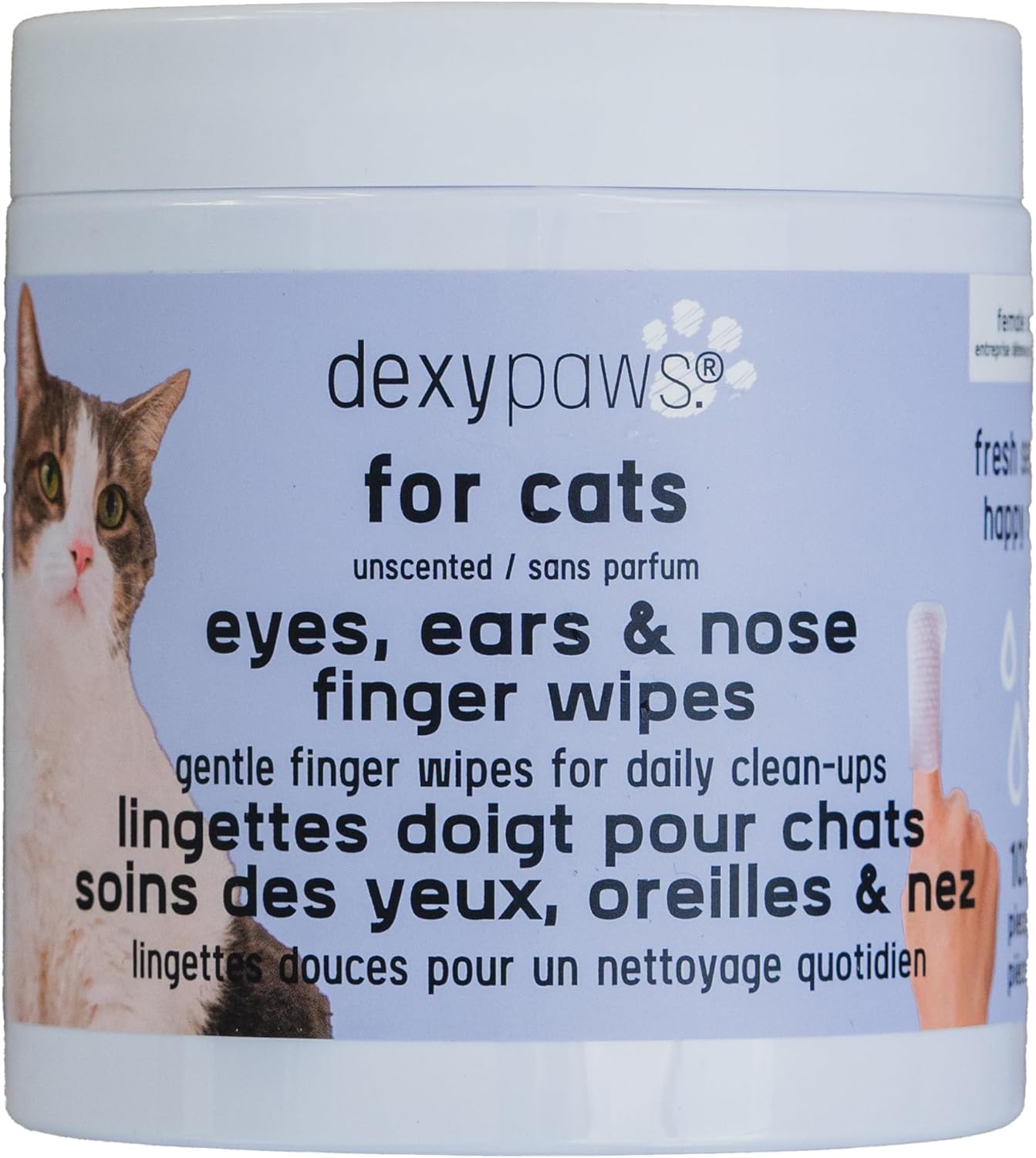 Eyes, Ears & Nose Finger Wipes - Cat - 100ct Soft Cleansing Wipes, Unscented, Pet Safe, Daily Grooming & Care, Control Design, Pre-Moistened